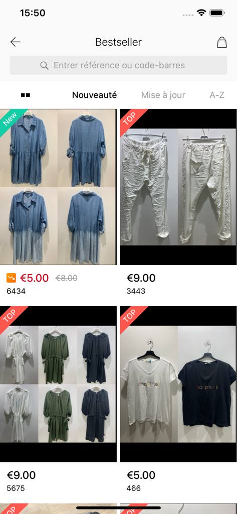 Artículos de moda al por mayor más vendidos, incluyendo vestidos y pantalones, mostrados en la aplicación Carla Giannini con precios