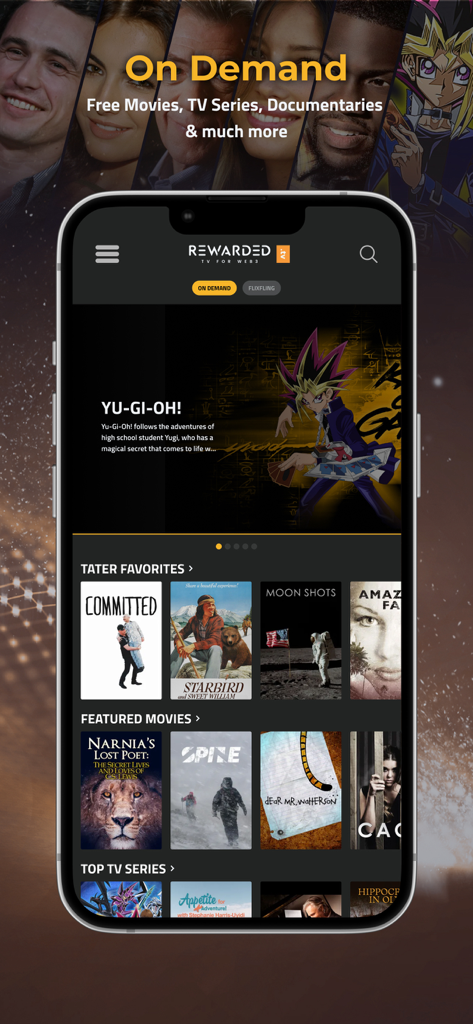 RewardedTV - It Pays to Watch! - RewardedTV mobile app interface showing categories for free movies and TV series including Yu Gi Oh