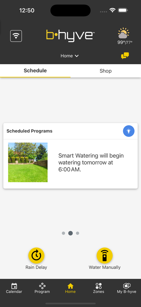 B-hyve app interface displaying a scheduled smart watering program for a green lawn