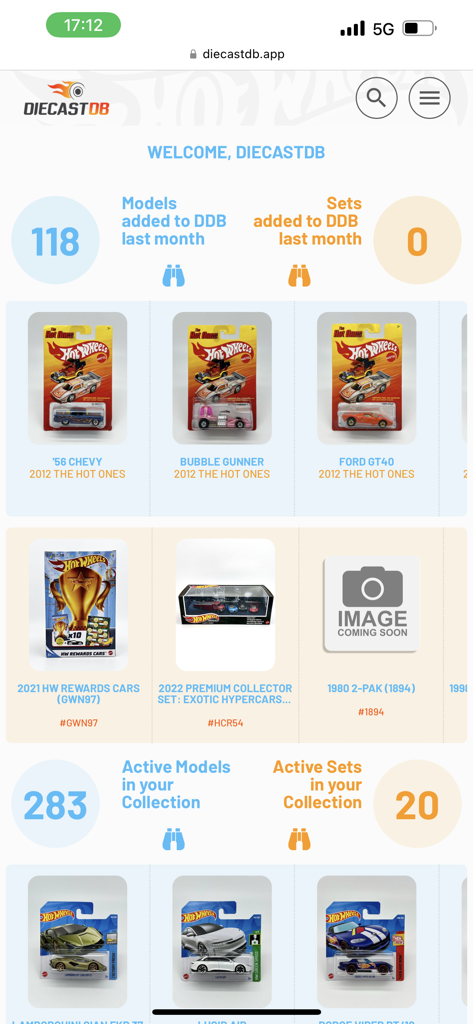 DiecastDB - Dashboard of DiecastDB app displaying a collection of Hot Wheels and diecast cars