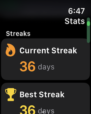 Daily Om Practice : ChantFlow - ChantFlow app interface on Apple Watch displaying a 36 day meditation streak.