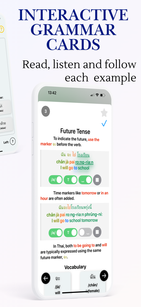 Enjoy Thai Learning - Cartes de grammaire thaïlandaise interactives montrant une leçon sur le futur avec l'écriture et la traduction