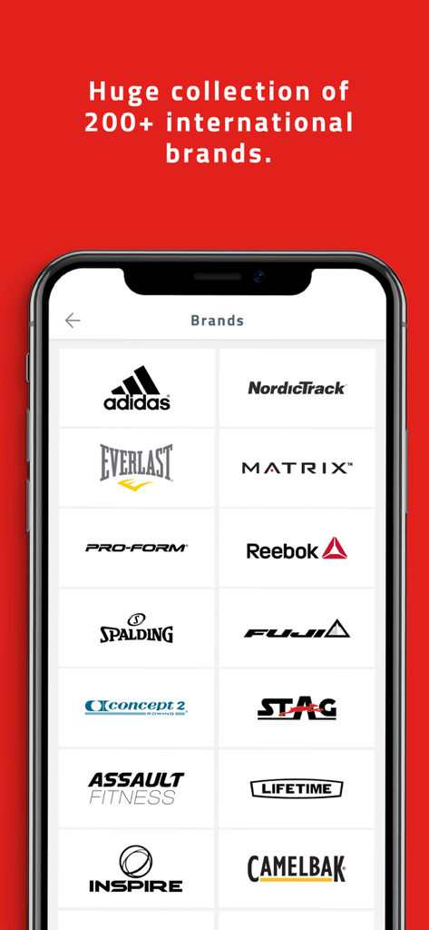 Active Fitness Store - A mobile screen from the Active Fitness Store app displaying a collection of international brand logos like Adidas, NordicTrack, and Reebok.