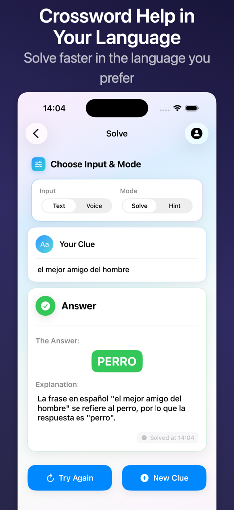 Crossword Clue Solver: Crossy - Screenshot of the Crossy app interface showing a crossword clue and answer solved in Spanish to demonstrate multi-language support