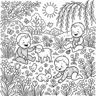 Dive into the heartwarming beauty of spring with this delightful coloring page featuring happy babies exploring the outdoors. Enjoy bringing vibrant colors to charming animals, cheerful blossoms, and bright sunshine.