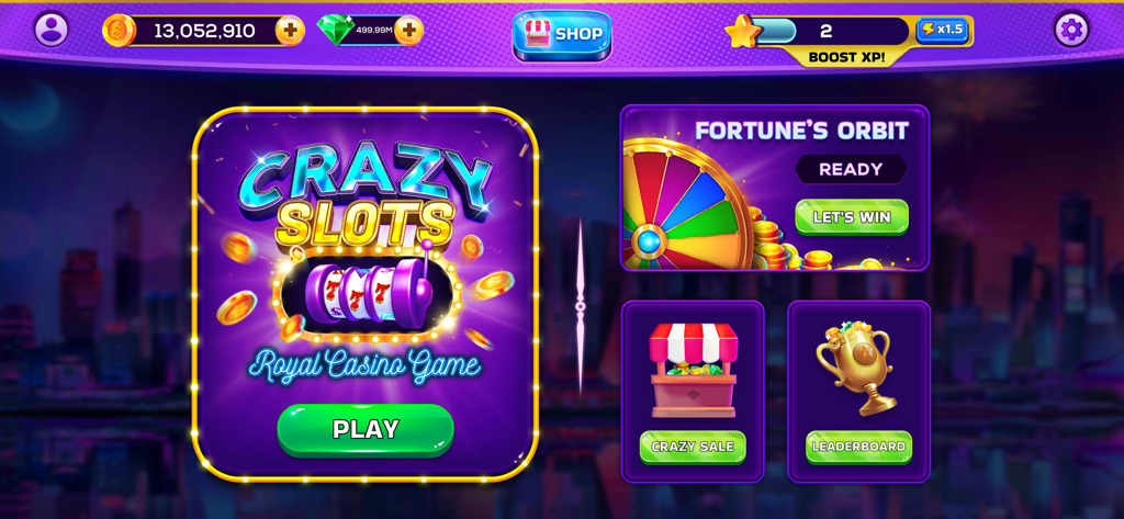 Main menu of Crazy Slots Royal Casino Game with slot machine and fortune orbit wheel
