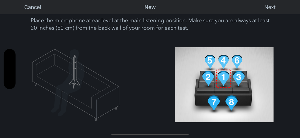 Diagram showing eight numbered microphone positions for room audio calibration in the Audyssey MultEQ Editor app.