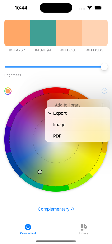Color Scheme & Wheel - HEXコード付きの補色パレットと画像またはPDFのエクスポートオプションを表示するColor Scheme and Wheelアプリのインターフェース