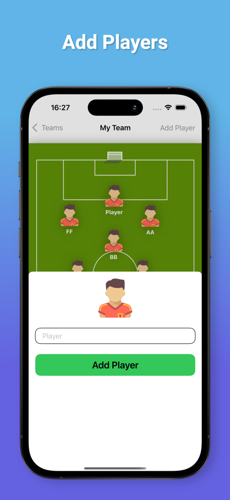 Interface do aplicativo móvel mostrando a tela de adicionar jogadores para uma escalação de equipe de futebol