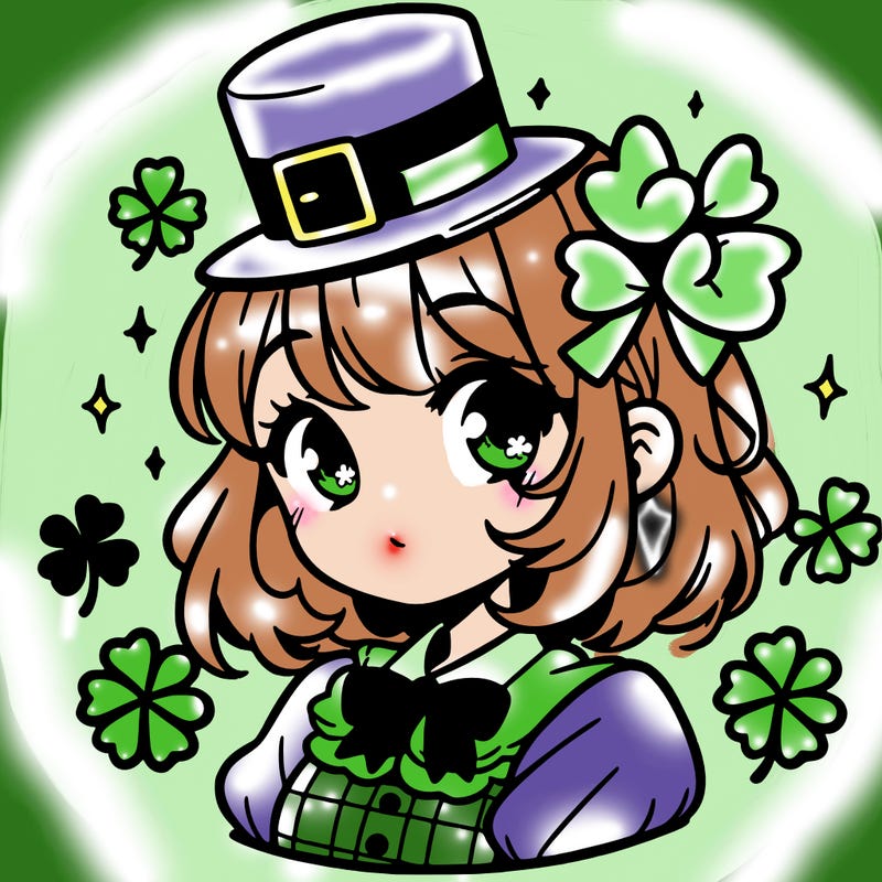 a manga-style girl with clovers around her, a little hat in her hair, like it's saint patrick's day