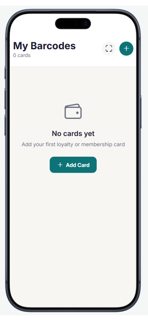 My Barcode Cards - Empty home screen of My Barcode Cards app with a button to add a first loyalty card.