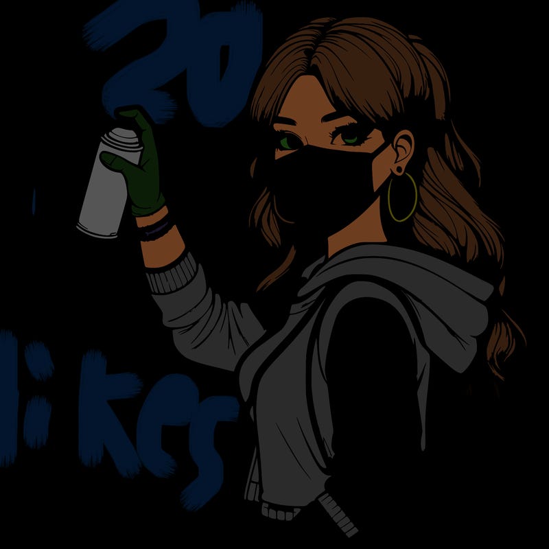 realistic girl with mask spray painting a wall