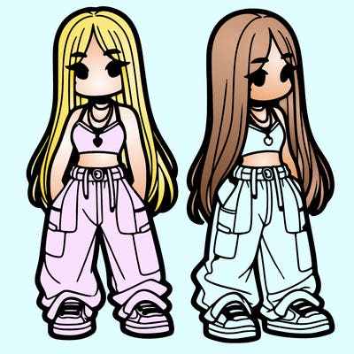 girl in baggy pants crop top and long hair