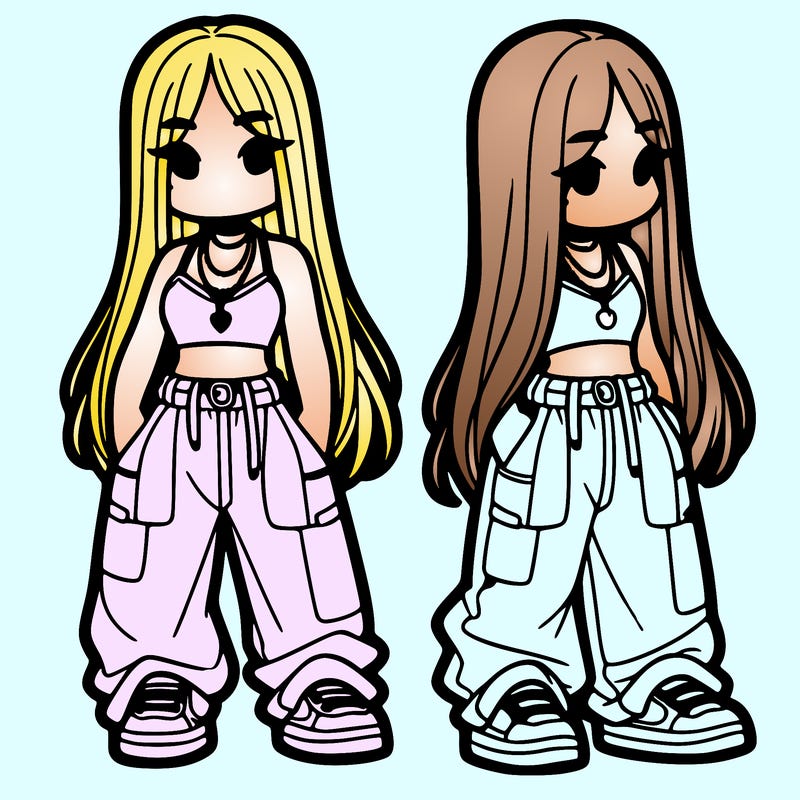 girl in baggy pants crop top and long hair