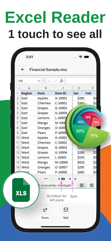 All Document Reader PDF Reader - Excel document reader interface on iPhone showing a financial spreadsheet and data chart