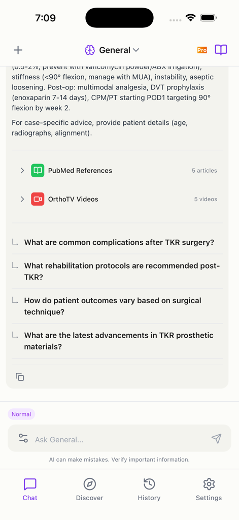 Ortho AI - AIMD - Ortho AI app chat interface showing orthopedic medical advice with PubMed references and clinical questions