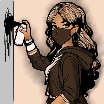 realistic girl with mask spray painting a wall