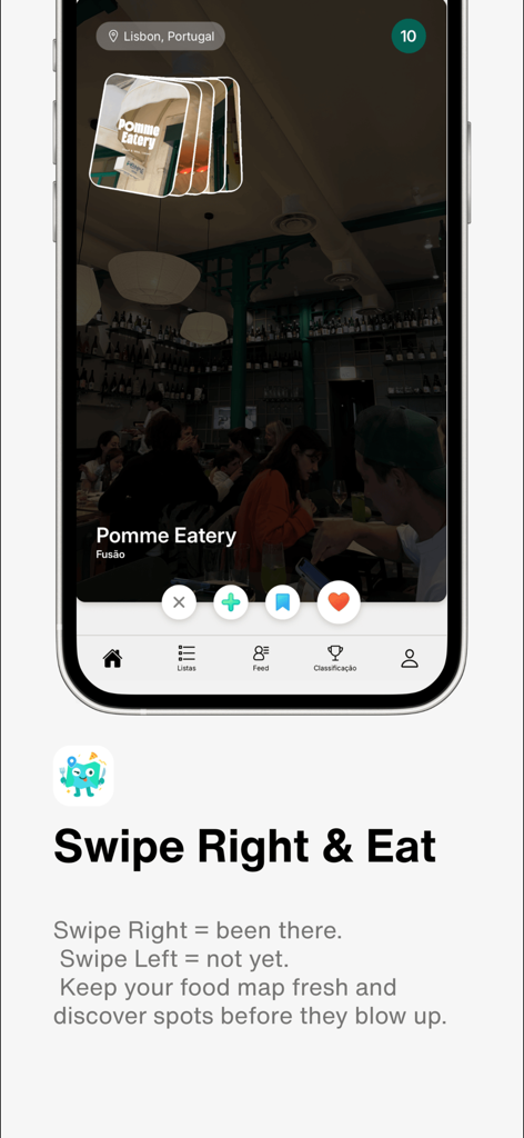 Where to Eat: Spoto - Interfaz de la aplicación Spoto que muestra una tarjeta de restaurante para Pomme Eatery con una función de deslizar para descubrir