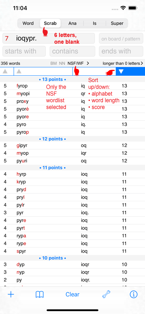 NO Words Finder PRO/Norwegian - Screenshot dell'interfaccia dell'app NO Words Finder PRO che mostra i risultati di parole norvegesi con punteggi per Scrabble e Wordfeud.