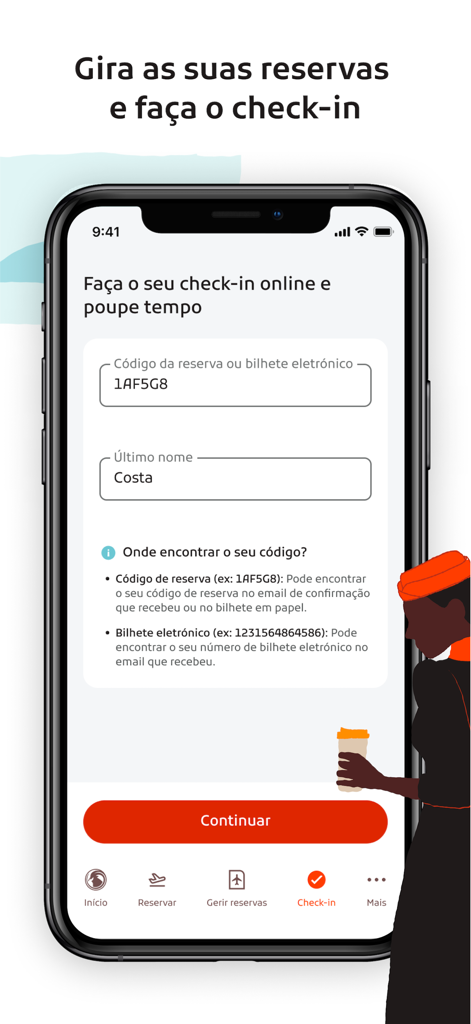 Mobile screen of the FLYTAAG app showing the online check-in page with input fields for booking code and last name