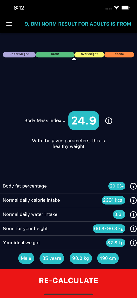 Ideal Weight & BMI Calculator - BMI results screen showing healthy weight status with calorie and water intake recommendations