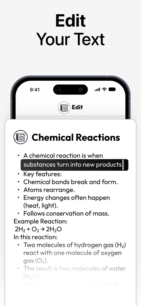 NoteShot: Photo Note to Notion - Interfaz de la aplicación NoteShot mostrando un editor de texto con notas de química convertidas de una foto.