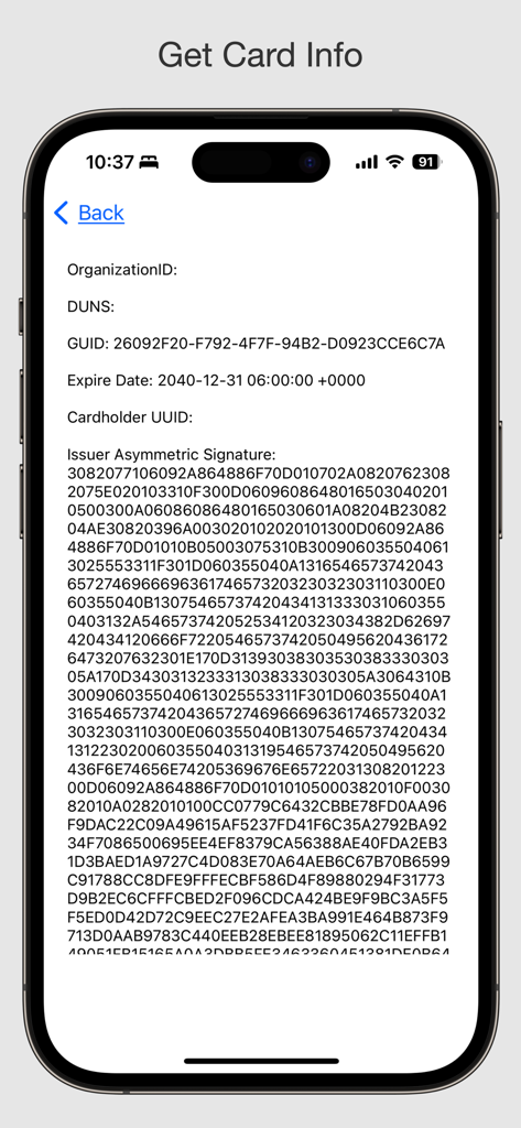 Technical card information display in the Smart Card Utility app showing GUID and issuer details