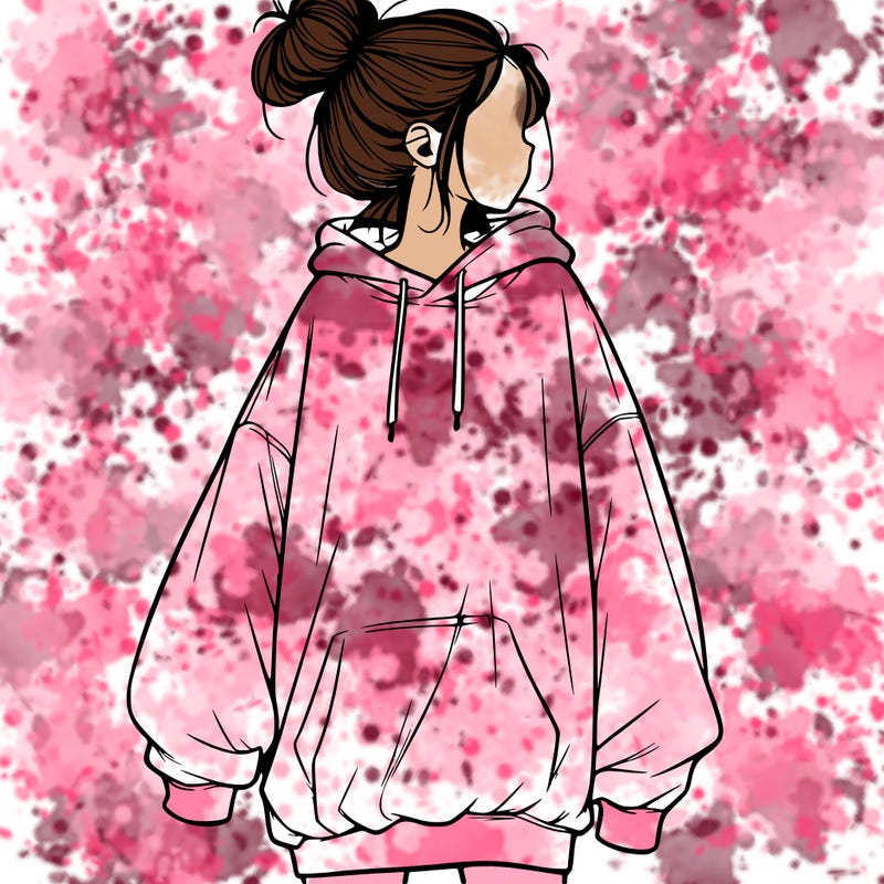 realistic girl with a oversized sweatshirt on and a bun