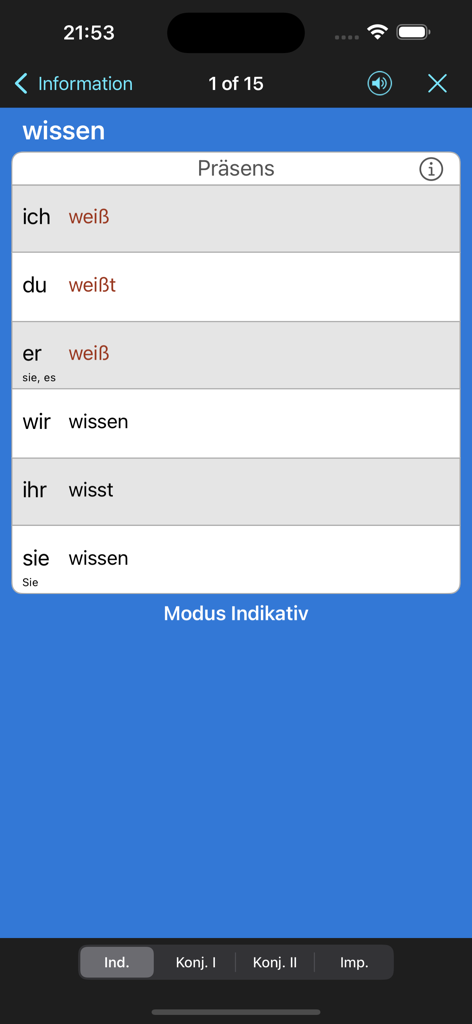Tabella che mostra la coniugazione al tempo presente del verbo tedesco wissen nell'app VerbForms Deutsch.