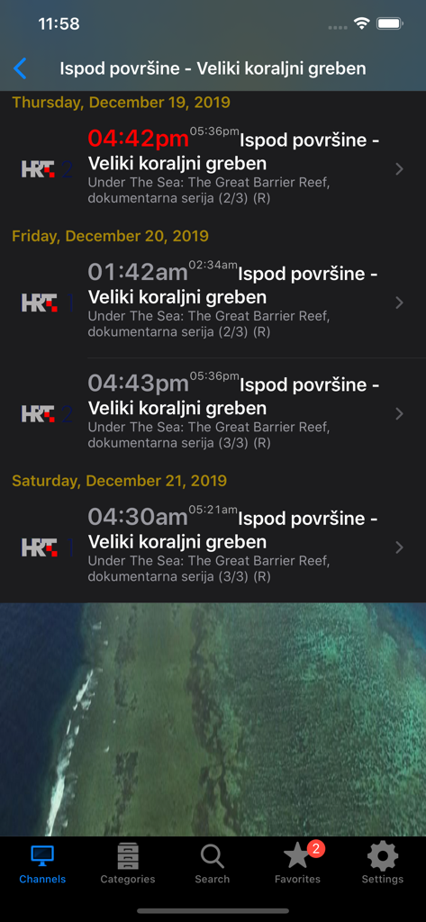 Croatian TV+ - A mobile app screenshot of Croatian TV+ showing the TV schedule for a documentary across multiple dates and channels.