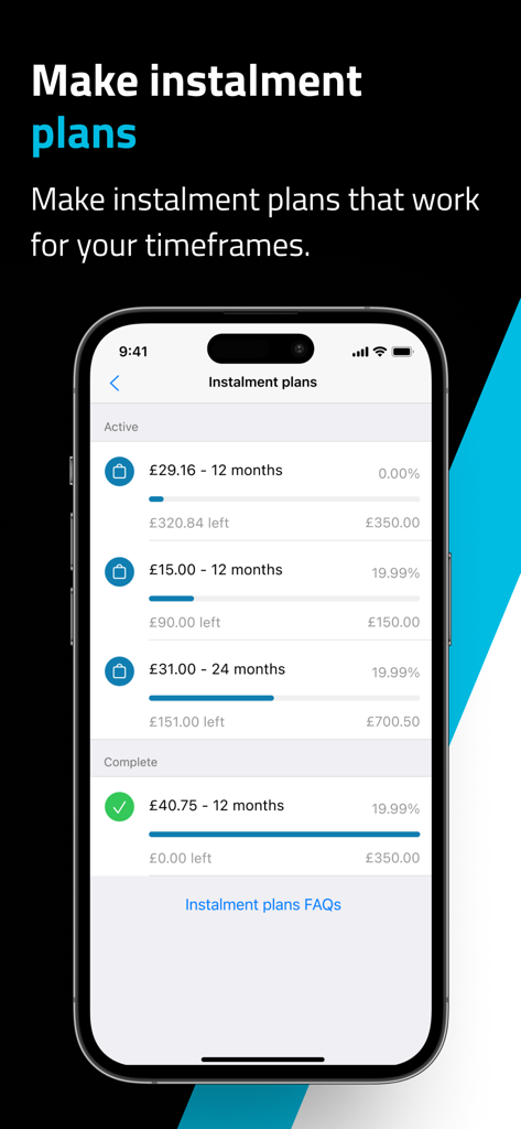 Mobile screen of Black Horse FlexPay app showing active and completed instalment payment plans.