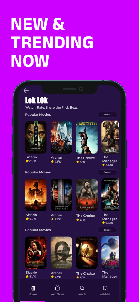 Lok L0k: Watch TV drama, Movie - Lok L0kアプリのインターフェース。人気がありトレンドの映画タイトルと評価が表示されています。