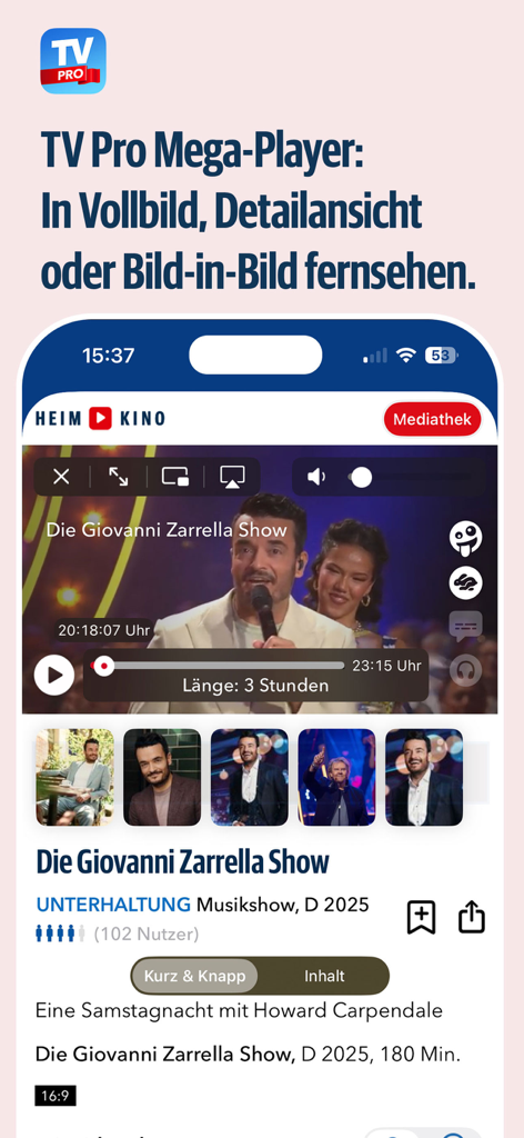TV Pro TV-Programm + Mediathek - TV Pro app video player interface with playback controls and show information