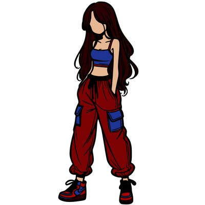 girl in baggy pants crop top and long hair