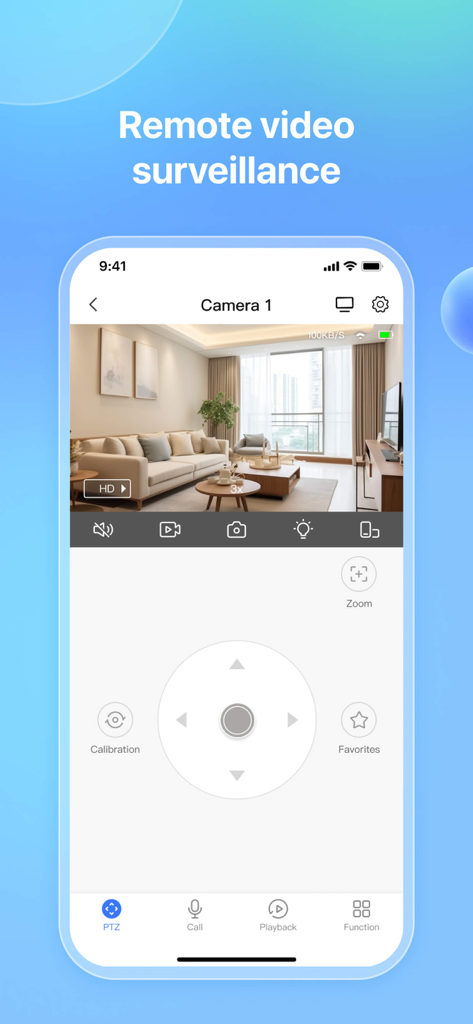 CareCam Pro - Interfaz de la aplicación CareCam Pro que muestra una transmisión de vídeo remota en vivo de una sala de estar moderna con controles de cámara PTZ.