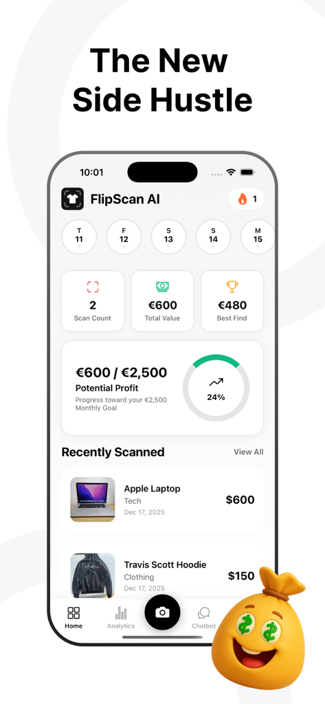 FlipScan: Resell & Thrift AI - FlipScan app home screen displaying potential profit tracking scan count and recently identified thrift items like a laptop and hoodie