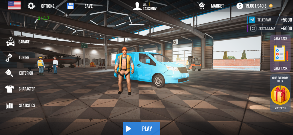 Nextgen: Truck Simulator - Un personaje de pie junto a una furgoneta azul claro en un garaje con un menú de juego y elementos de interfaz de Nextgen Truck Simulator