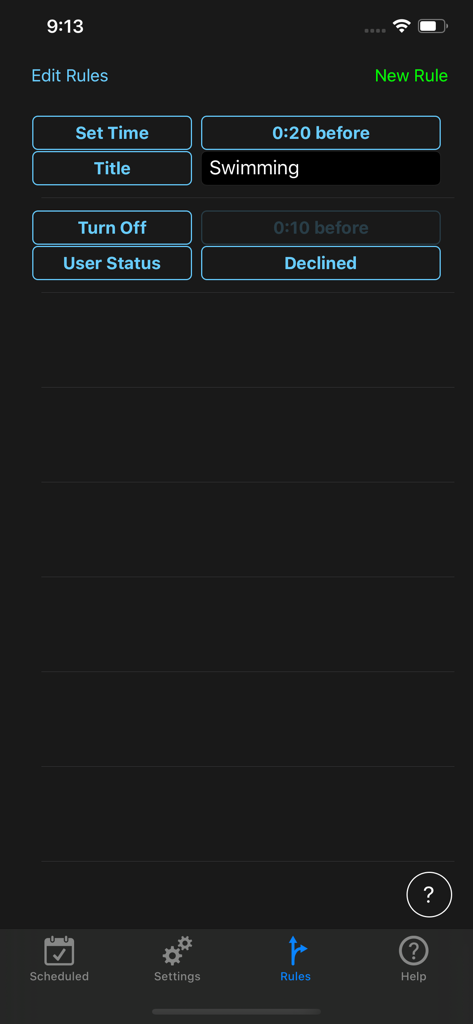 Calarm - Calarm app screen for setting calendar event alarm rules