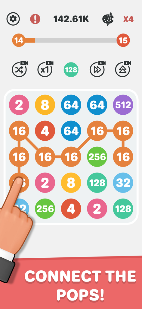 Connect The Dots - 2048 Merge - Jugabilidad de Connect The Dots 2048 Merge mostrando una mano conectando puntos numerados en una cuadrícula de puzzle