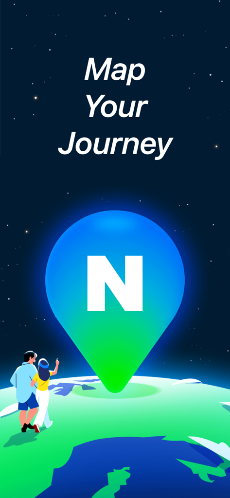 Una pantalla de bienvenida de Naver Maps mostrando un gran marcador de ubicación sobre un globo terráqueo con el texto 'Map Your Journey'