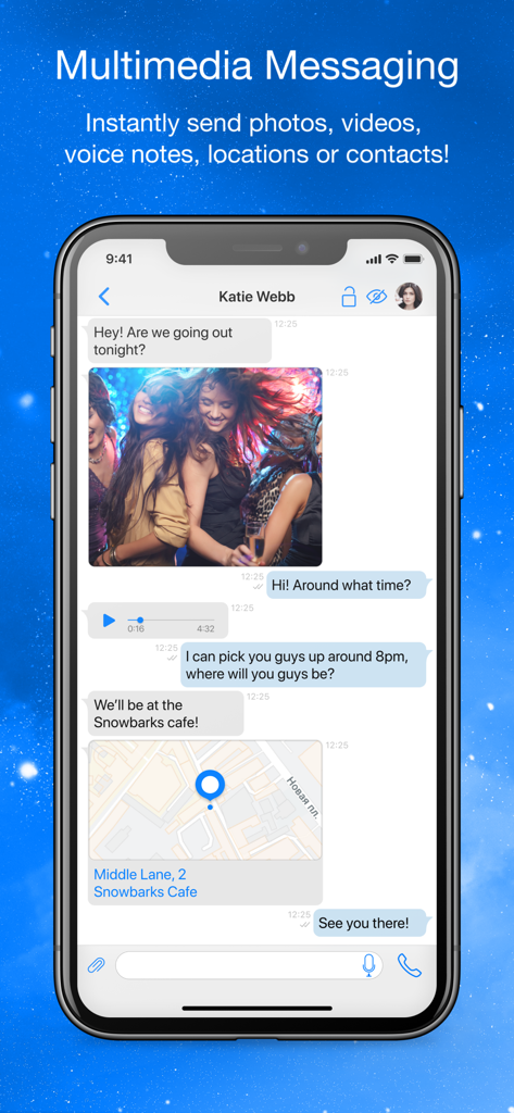 AnyTalk Messenger - AnyTalk Messenger chat interface showing photo sharing voice notes and location details