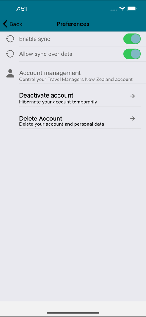 Travel Managers New Zealand - Preferences screen of the Travel Managers app showing synchronization and account management options