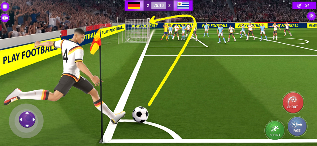 Play Football League 2026 - Mobile gameplay of Play Football League 2026 showing a player taking a corner kick with a yellow trajectory arrow towards the goal