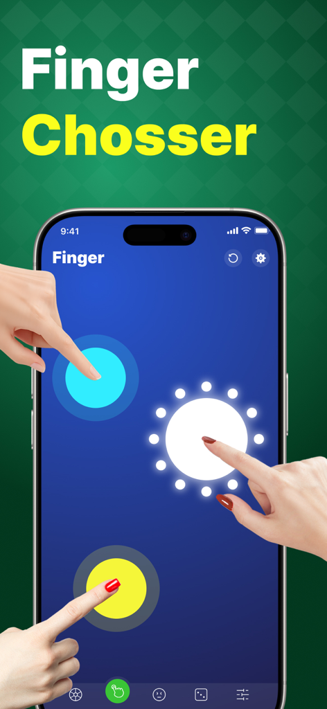 GK Decision Wheel - Three hands placing fingers on different colored circles on a smartphone screen to make a random decision.