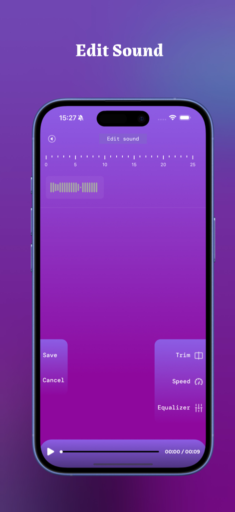 Doheto: Audio Editor - Interfaz móvil de Doheto Audio Editor que muestra herramientas de edición de sonido, incluyendo recorte, control de velocidad y ecualizador, sobre un fondo morado.