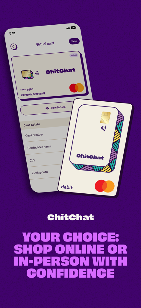 ChitChat virtual and physical Mastercard debit cards for secure online and in-person shopping