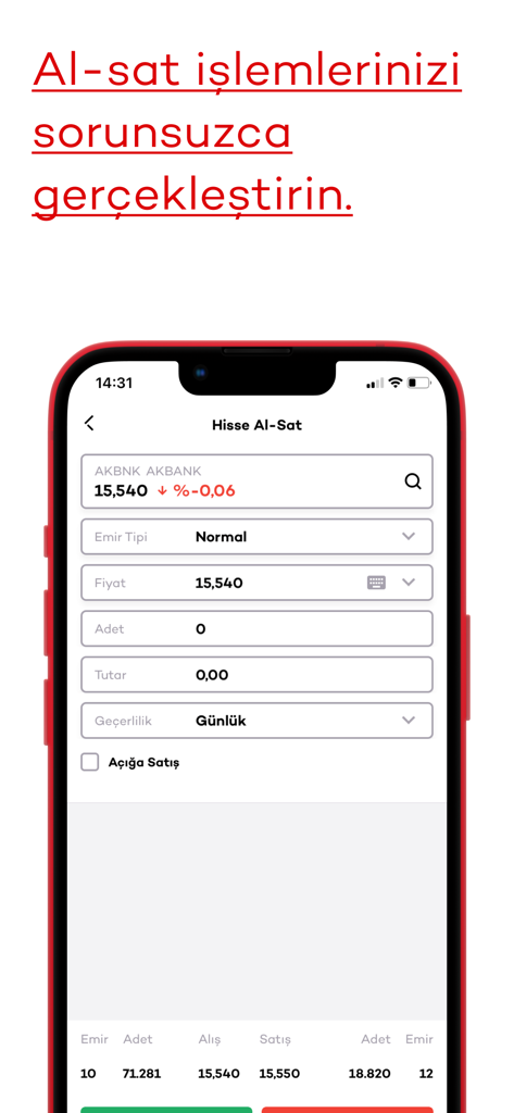 Yatırımcı - Mobile interface of the Akbank Yatirimci app for buying and selling Turkish stocks