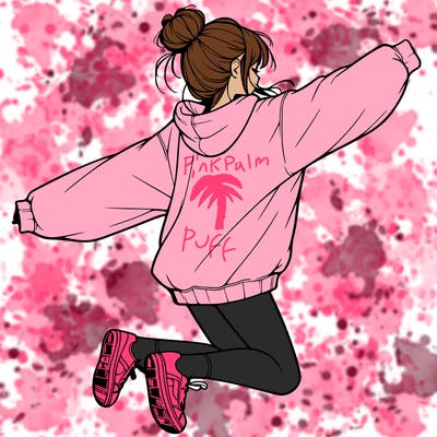 realistic girl jumping with a bun and oversized sweatshirt