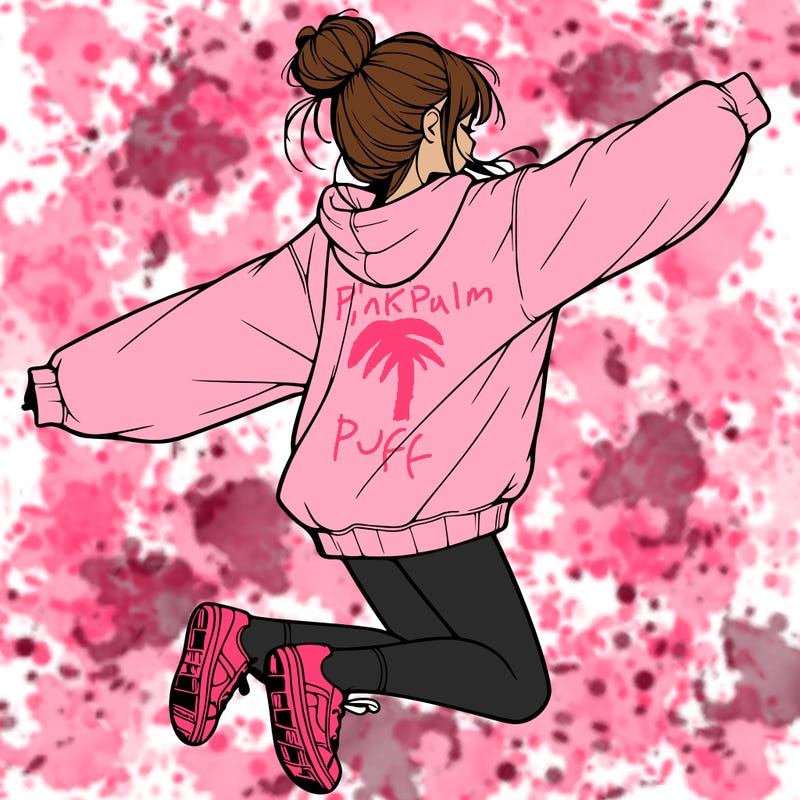realistic girl jumping with a bun and oversized sweatshirt