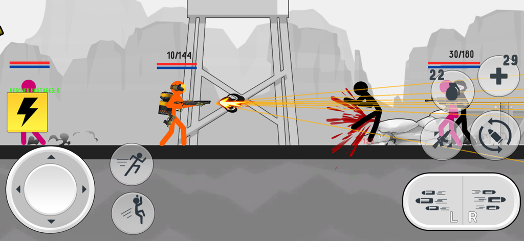 Stick Warfare Battle Strike - Stickman character firing a weapon in a fast paced arena battle with blood effects
